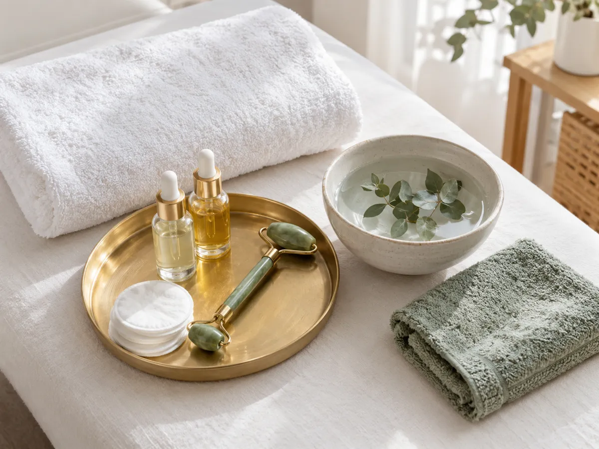 Towels, skincare bottles, a jade roller and bowl prepared for a beauty treatment