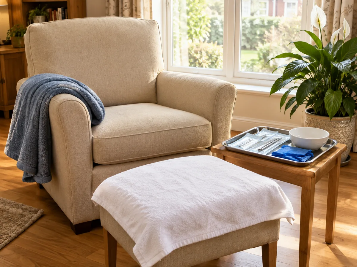 An armchair, footstool with a clean towel and a tray of sterilised instruments ready for a home visit