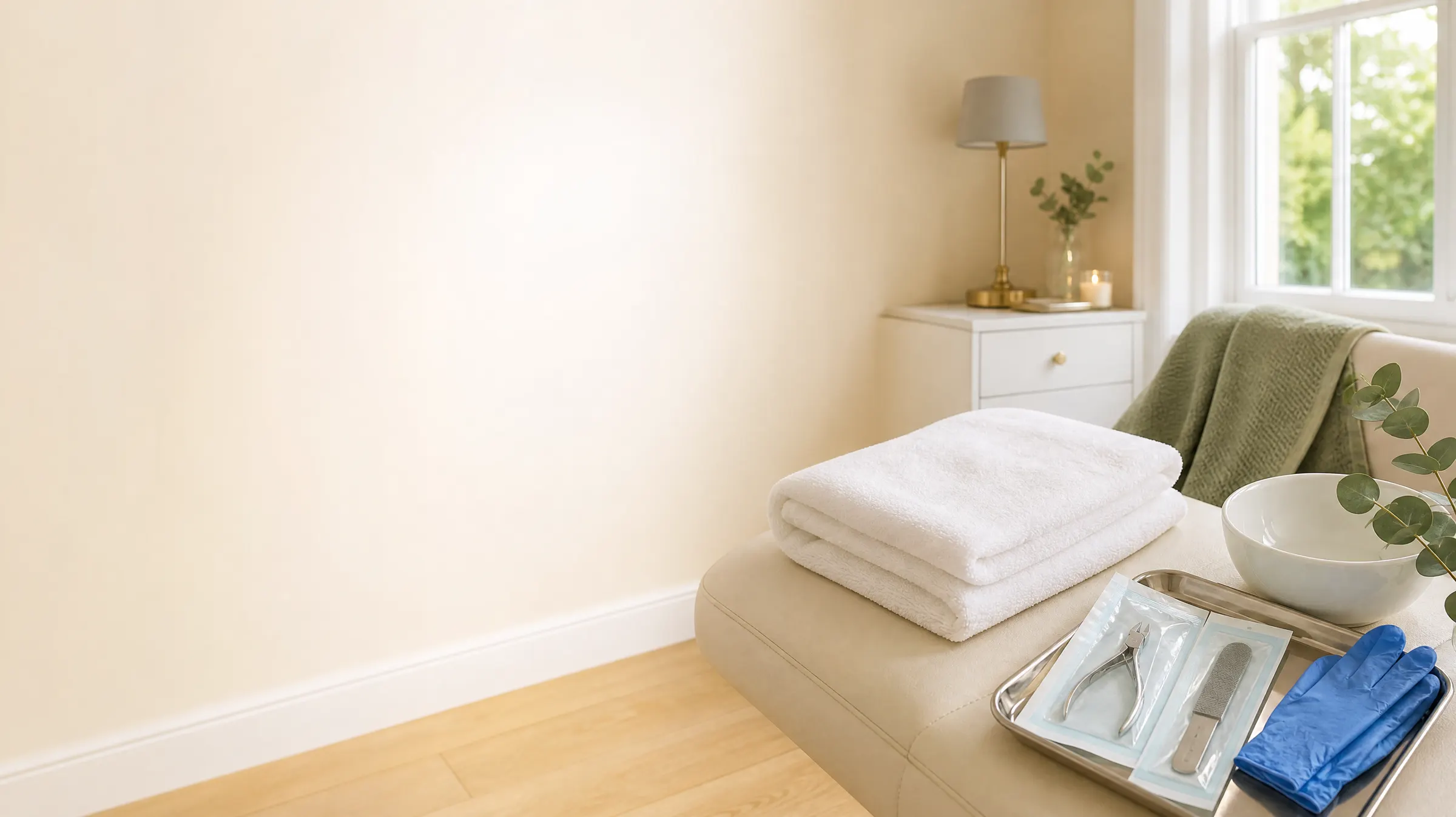 A calm foot care treatment room prepared with clean towels and sealed instruments