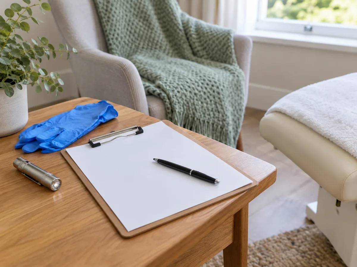 A clipboard, pen, gloves and torch on a wooden table ready for a foot health check