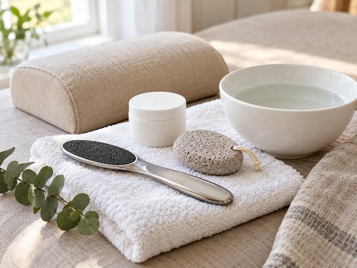 A foot file, pumice stone, cream jar and bowl of water on a folded towel