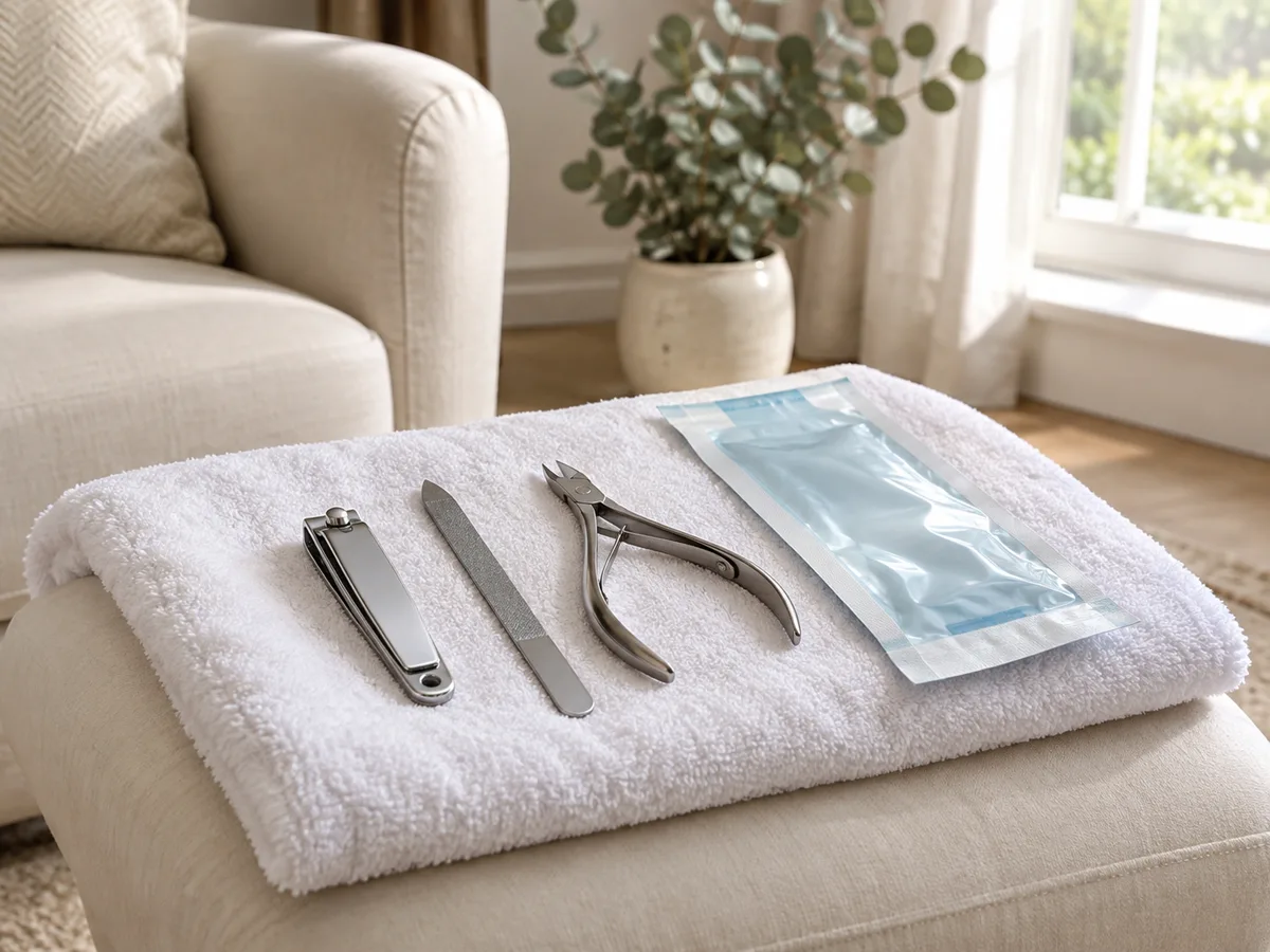 Stainless steel nail clippers, a nail file and nippers laid out on a white towel
